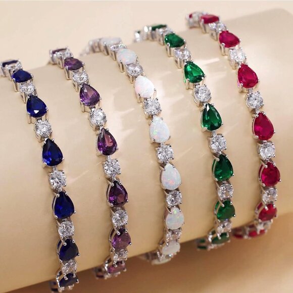 Sterling Silver Opal Birthstone Tennis Bolo Bracelet for Women with Adjustable F - Picture 4 of 8